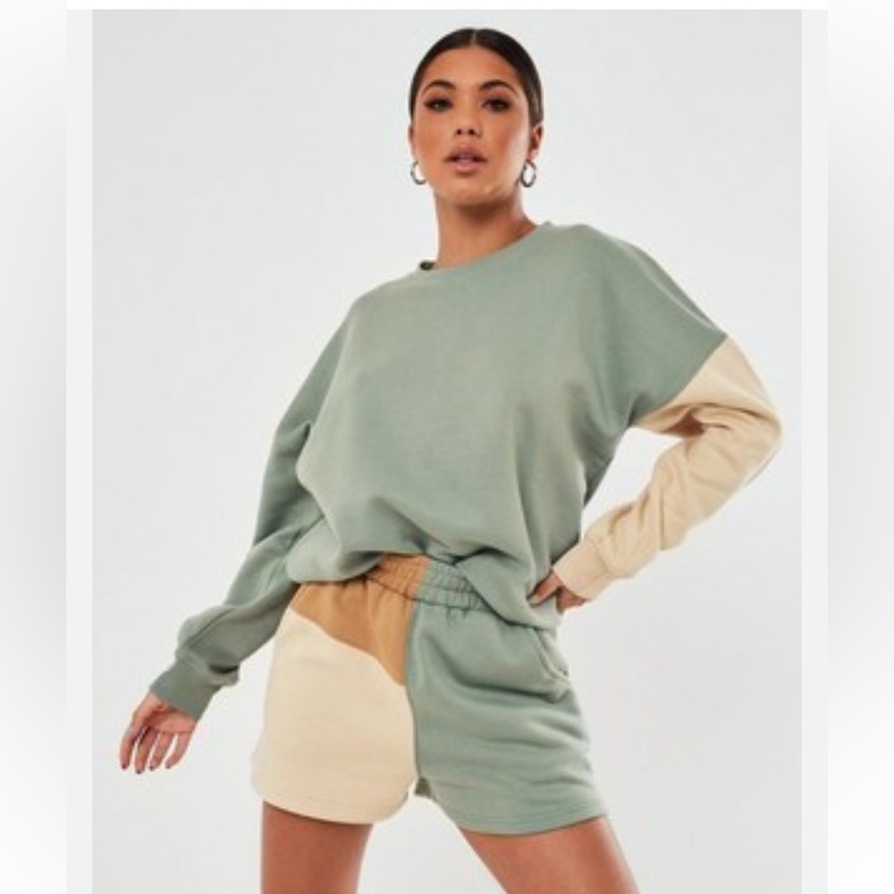 MISSGUIDED 2p Color Block Sweatshirt Shorts Set Green Ivory Tan Size 2 $100 EUC